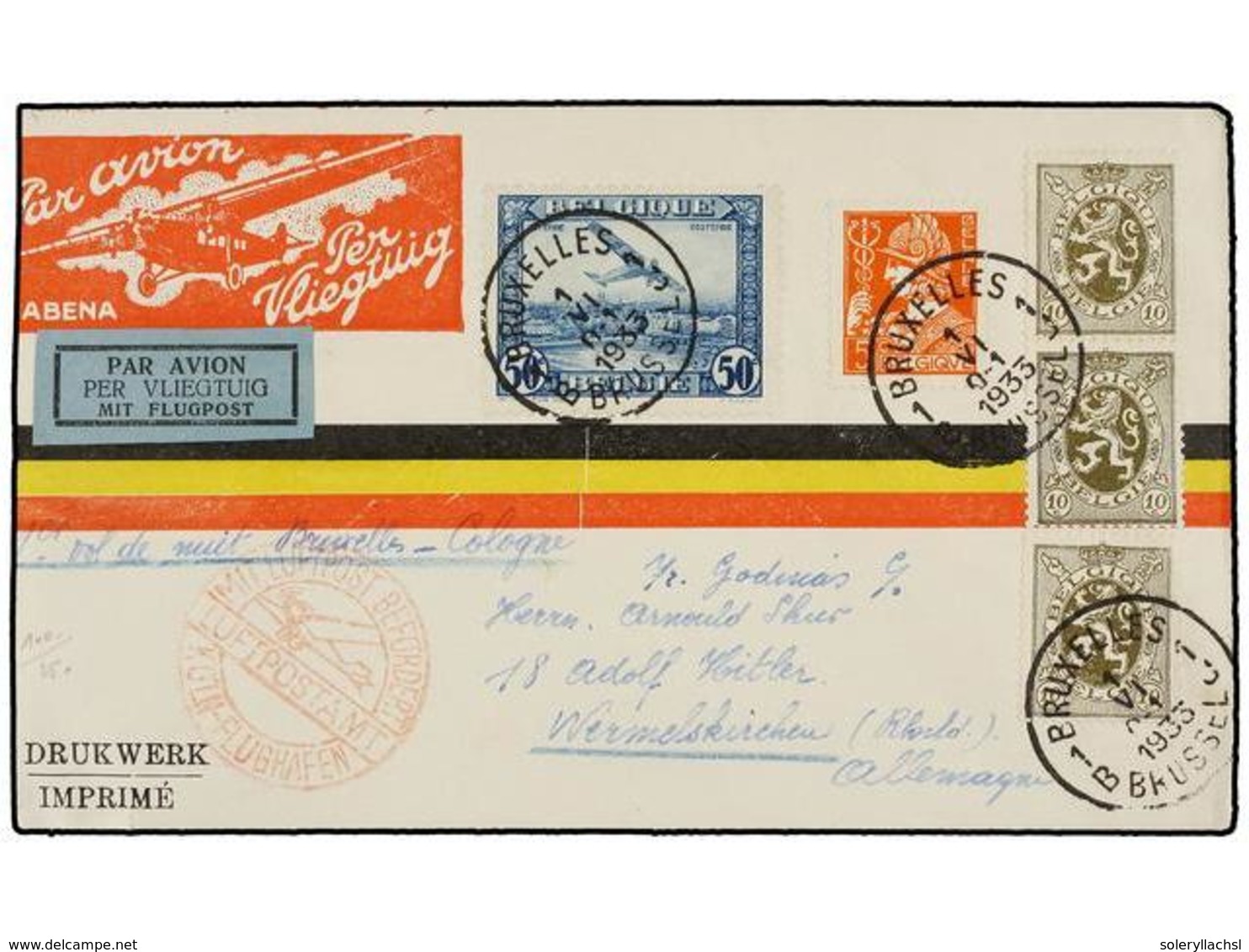 312 BELGICA. 1933 (1-VI). BRUSELAS A WERMELSKIRCHEN (Alemania). Primer Vuelo Nocturno <B>BRUSELAS-COLONIA</B>, Llegada E - Other & Unclassified