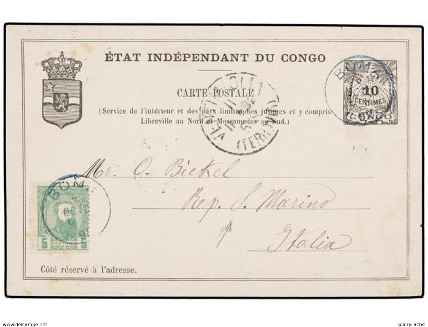 315 CONGO BELGA. Sc.6. 1892 (Oct 3). <B>10c.</B> Black Postal Stationery Card Used To BICKEL In San Marino, Up-rated Wit - Sonstige & Ohne Zuordnung