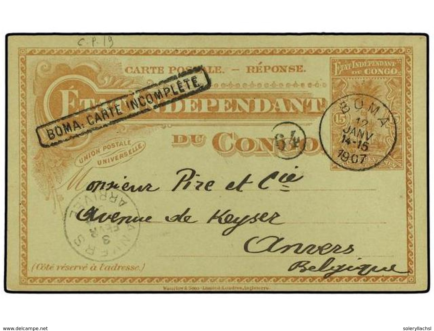 316 CONGO BELGA. 1907. <B>15c.</B> Provisional Postal Stationery Card (reply Half) To ANTWERP Cancelled <B>BOMA</B> Date - Sonstige & Ohne Zuordnung