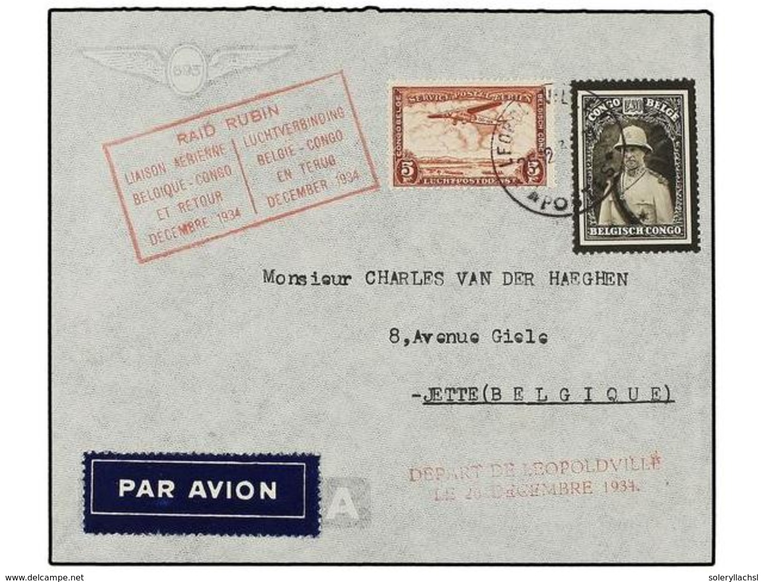 318 CONGO BELGA. 1934 (25-XII). LEOPOLVILLE A BÉLGICA. Primer Vuelo <B>RAID RUBIN</B>, Marca En Rojo. - Sonstige & Ohne Zuordnung