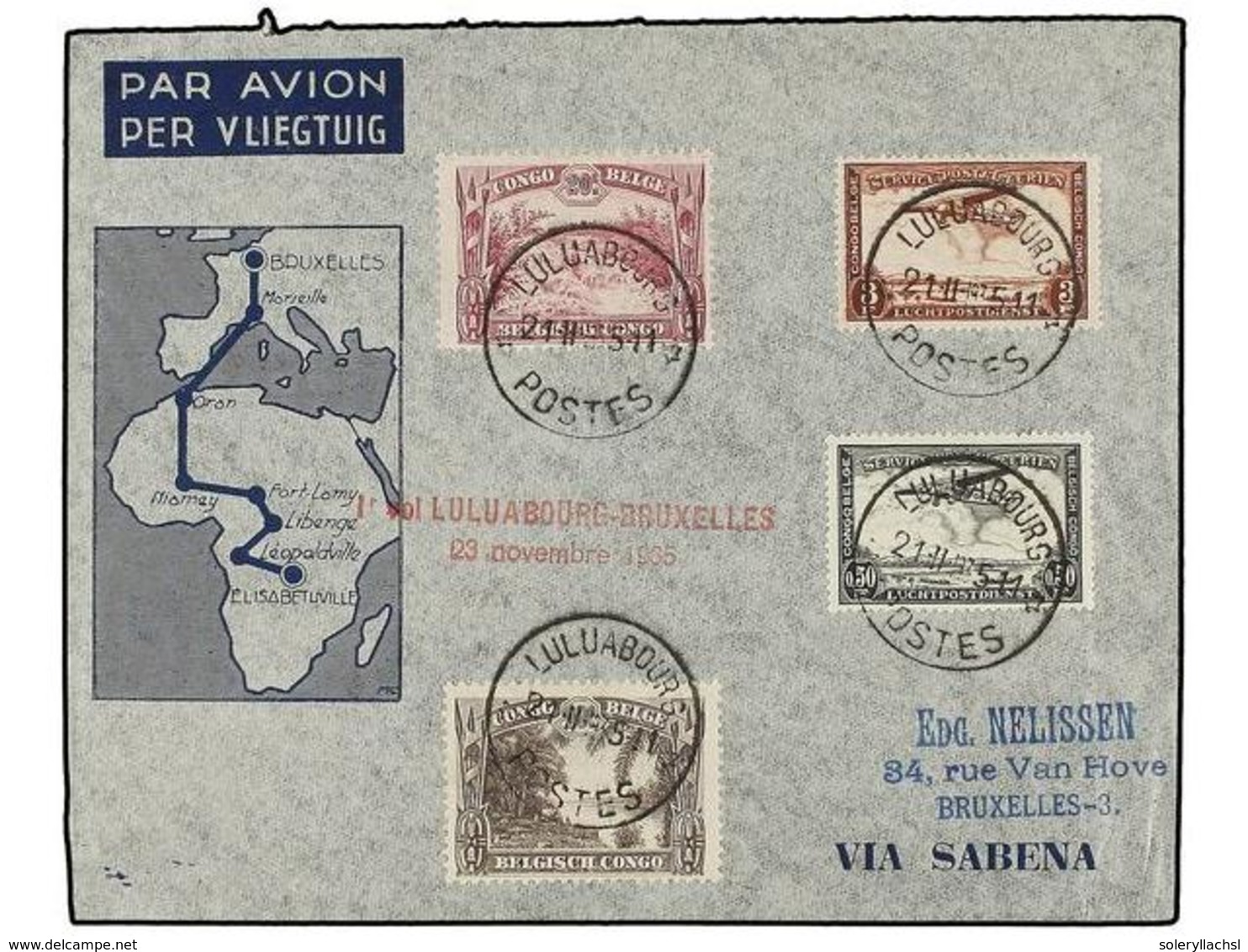 319 CONGO BELGA. 1935 (21-II). LULUABOURG A BRUSELAS. Primer Vuelo, Marca En Color Rojo, Al Dorso Llegada. (Mu. 46). - Sonstige & Ohne Zuordnung