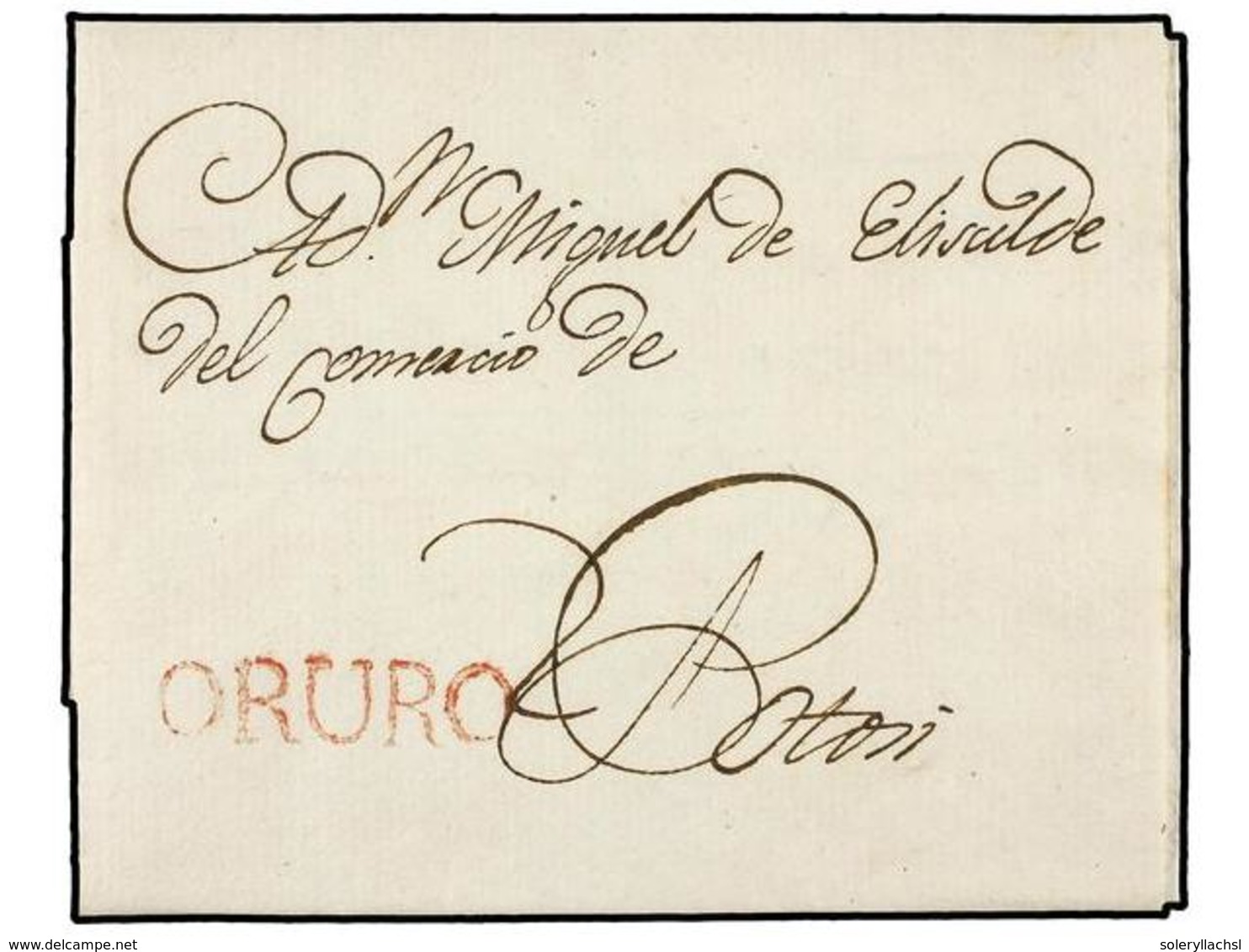 323 BOLIVIA. 1800 (18-Nov.). ORURO A POTOSI. Marca Lineal <B>ORURO </B>en Rojo. Rara Carta Completa, Circulada En El Per - Other & Unclassified