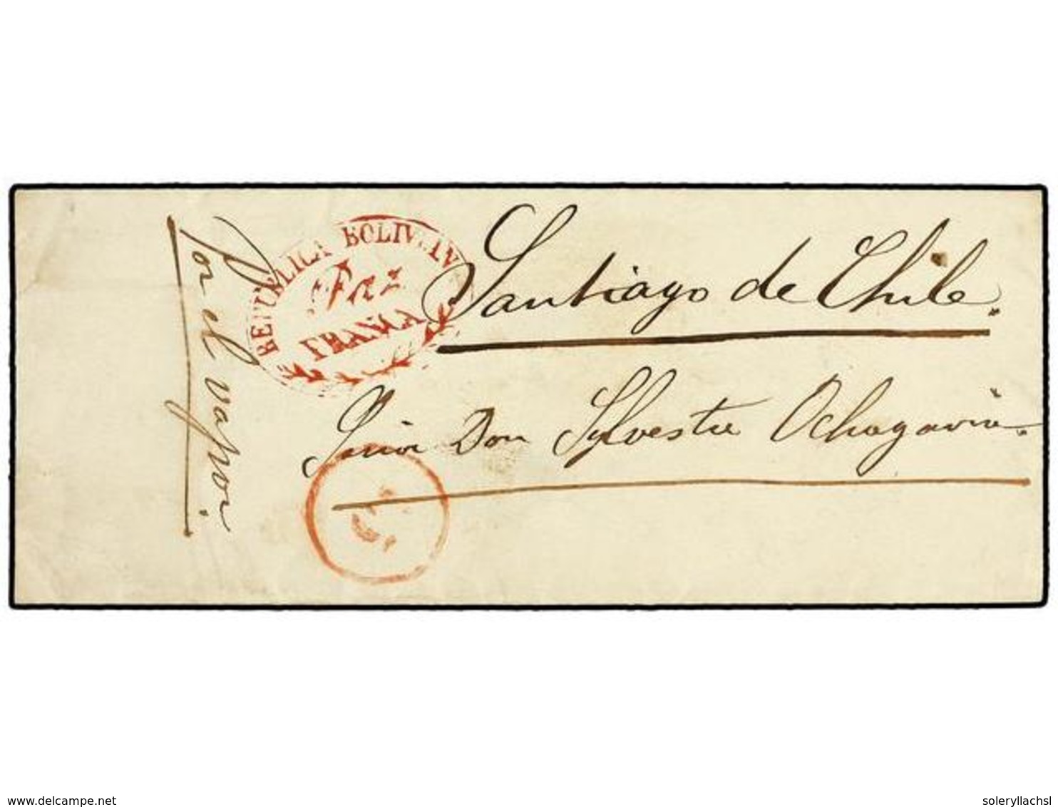 324 BOLIVIA. (1855 CA.). Small Cover With Oval <B>REPUBLICA BOLIVIANA/Paz/ FRANCA</B> Cancel In Red To <B>SANTIAGO</B> E - Autres & Non Classés