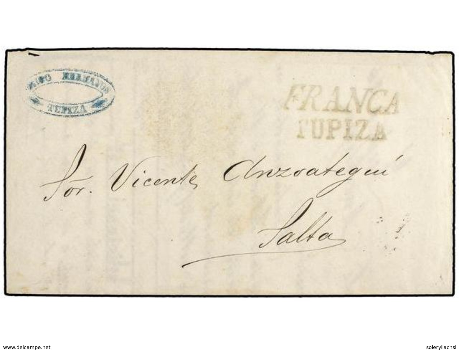 325 BOLIVIA. 1879 (16 Octubre). TUPIZA A SALTA (Argentina). Marca<B> FRANCA/TUPIZA</B> Uso Provisional Por Falta De Sell - Other & Unclassified