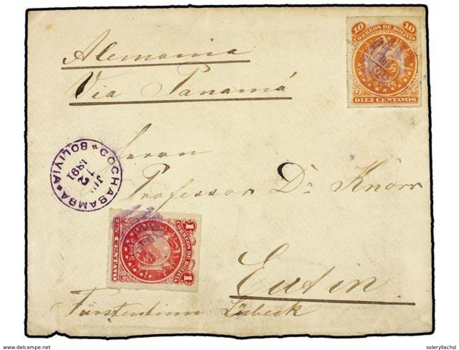 331 BOLIVIA. Sc.24, 27. 1891. COCHABAMBA A ALEMANIA. <B>1 Ctvo.</B> Rosa Y <B>10 Ctvos.</B> Naranja. Al Dorso Llegada. - Sonstige & Ohne Zuordnung