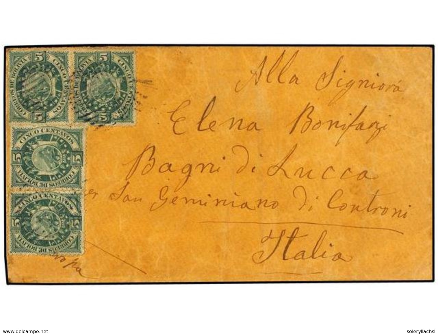 336 BOLIVIA. Sc.42 (4). 1897. UYUNI A ITALIA. <B>5 Cts.</B> Verde (4). Mat. <B>LÍNEAS PARALELAS</B> En Violeta. Al Dorso - Other & Unclassified