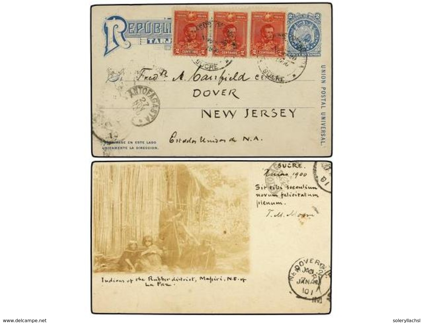 338 BOLIVIA. 1900. SUCRE A U.S.A. Entero Postal Con Fotografía Real Circulado Con Fraqueo Adicional De <B>2 Ctvos.</B> ( - Autres & Non Classés