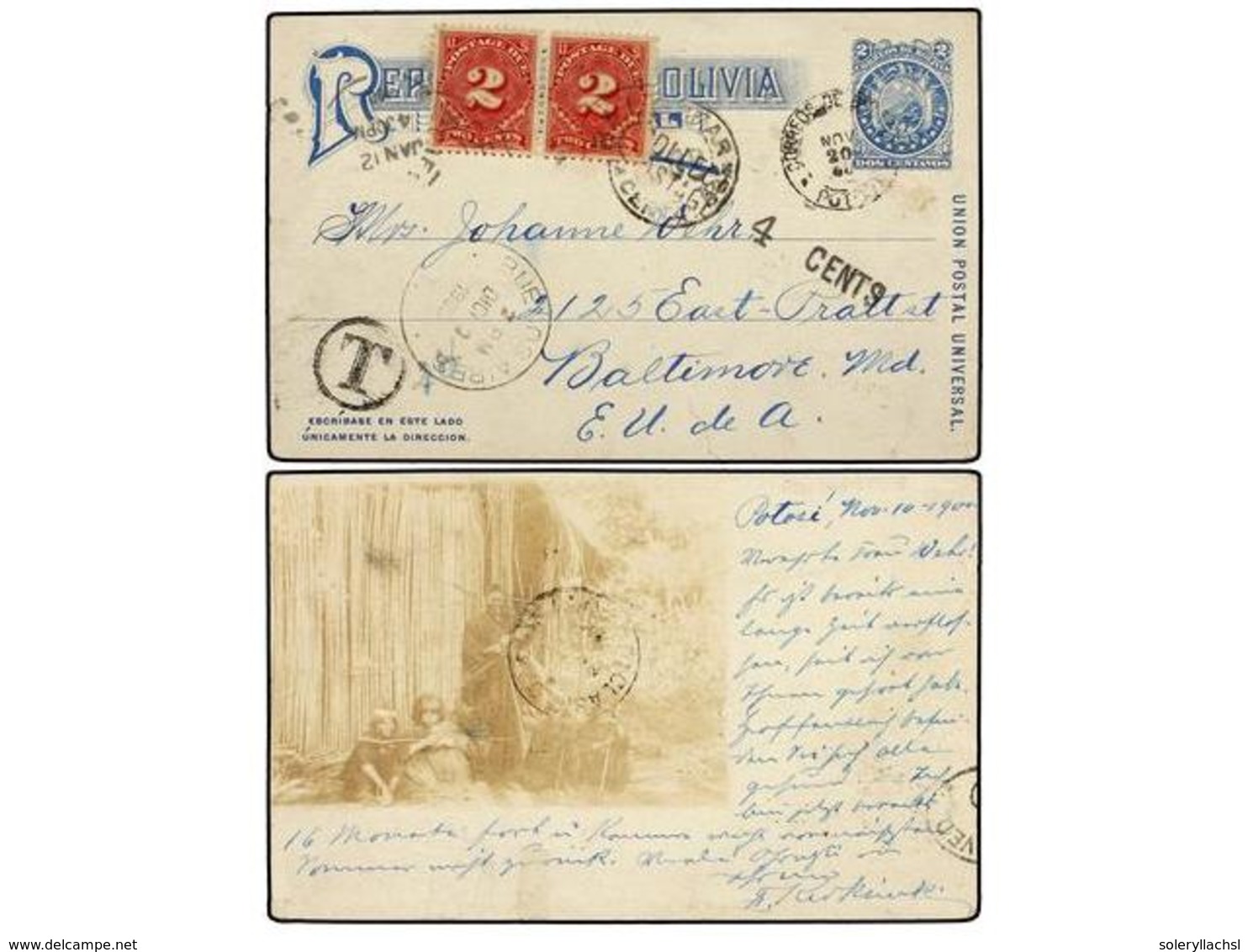 339 BOLIVIA. 1900. POTOSÍ A U.S.A. Entero Postal De <B>2 Ctvos.</B> Azul Con Fotografía En El Reverso. Circulada Vía Bue - Other & Unclassified