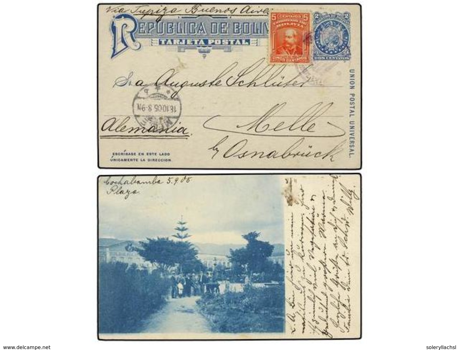 343 BOLIVIA. 1905. COCHABAMBA A ALEMANIA. Entero Postal De <B>2 Ctvos.</B> Azul Con Fotografía Impresa En Reverso Y Fran - Other & Unclassified