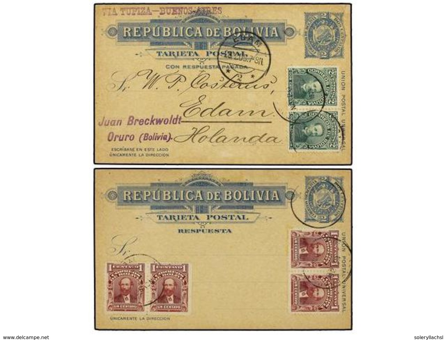 344 BOLIVIA. 1908. ORURO A HOLANDA. Entero Postal Doble De <B>2 + 2 Ctvos.</B> Azul Con Franqueo Adicional De <B>2 Cts.< - Other & Unclassified