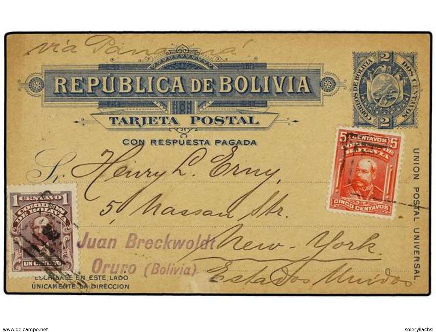 345 BOLIVIA. 1908. ORURO A NEW YORK. Entero Postal De <B>2 Cts.</B> Azul Con Franqueo Adicional De <B>1 Ctvo.</B> Y <B>5 - Other & Unclassified