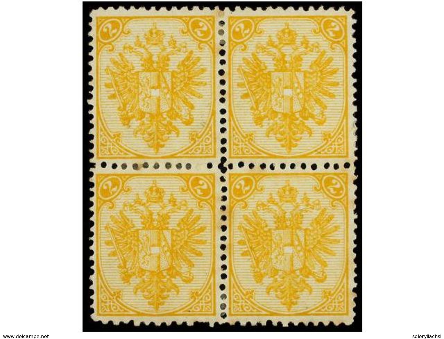 349 * BOSNIA-HERZEGOVINA. Fe.3 I (4). 1879. <B>2 Kr. </B>yellow, Perf. 12 3/4x12. Block Of Four, Original Gum, Light Gum - Other & Unclassified