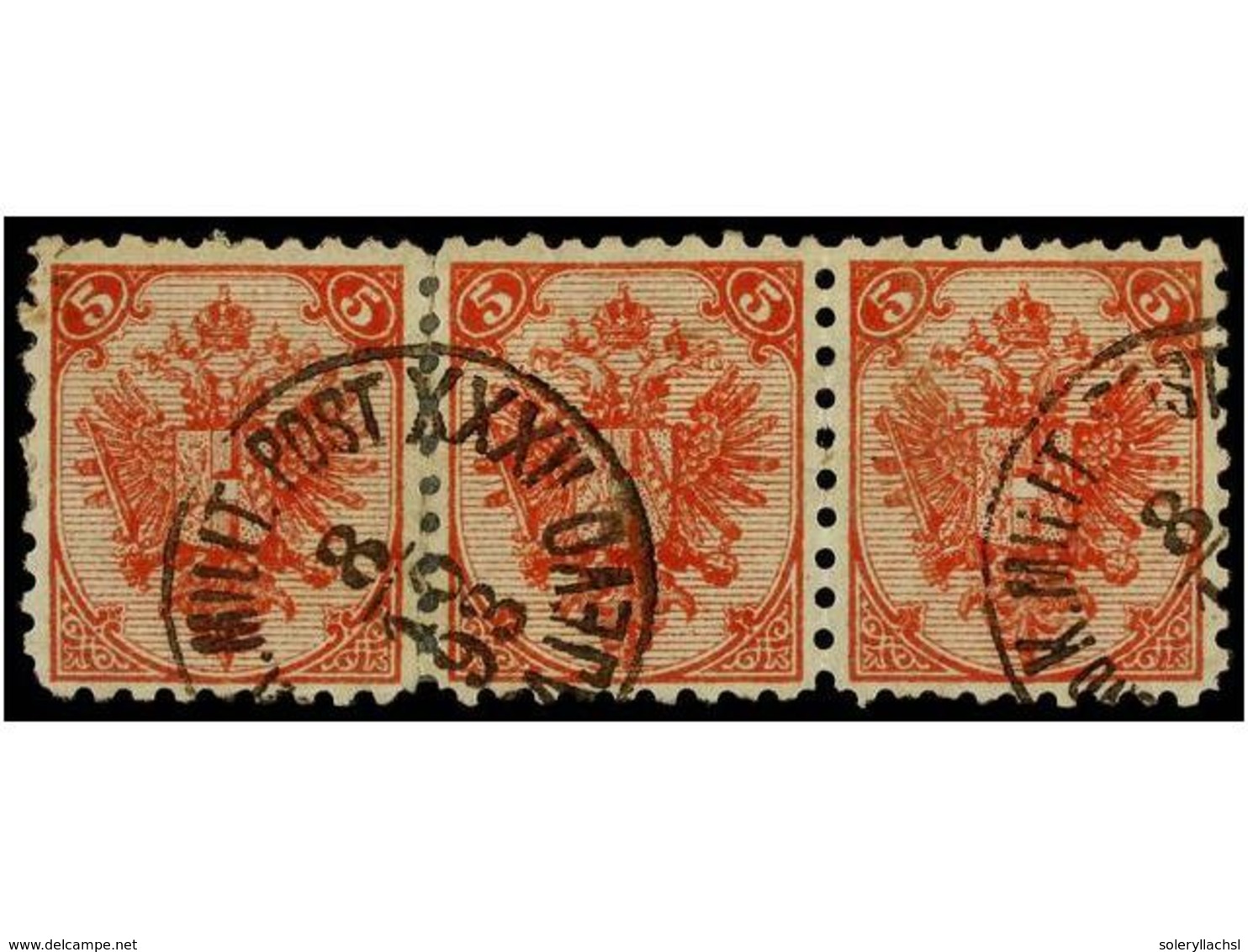 354 ° BOSNIA-HERZEGOVINA. Fe.5I (3). 1879. <B>5 Kr.</B> Red, Perf. 9 1/4. Strip Of Three With <B>SARAJEVO</B> Cancel. Fi - Other & Unclassified