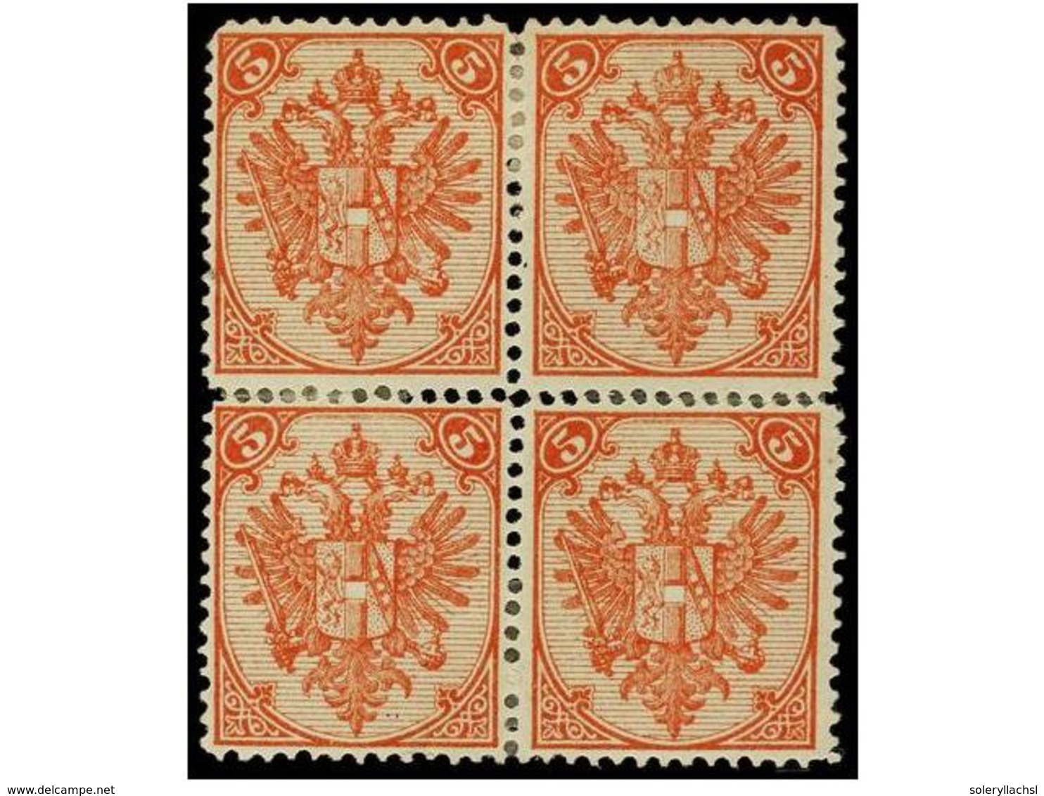 355 * BOSNIA-HERZEGOVINA. Fe.5I (4). 1879. <B>5 Kr.</B> Red, Perf. 13. Block Of Four, Some Reinforcements. Ferchenbauer. - Sonstige & Ohne Zuordnung