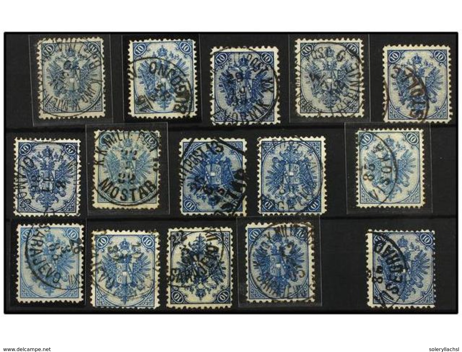 360 ° BOSNIA-HERZEGOVINA. Fe.6 I (27). 1879. <B>10 Kr.</B> Blue. Lot Of 27 Stamps With Diverse Perf. And Very Fine Cance - Other & Unclassified