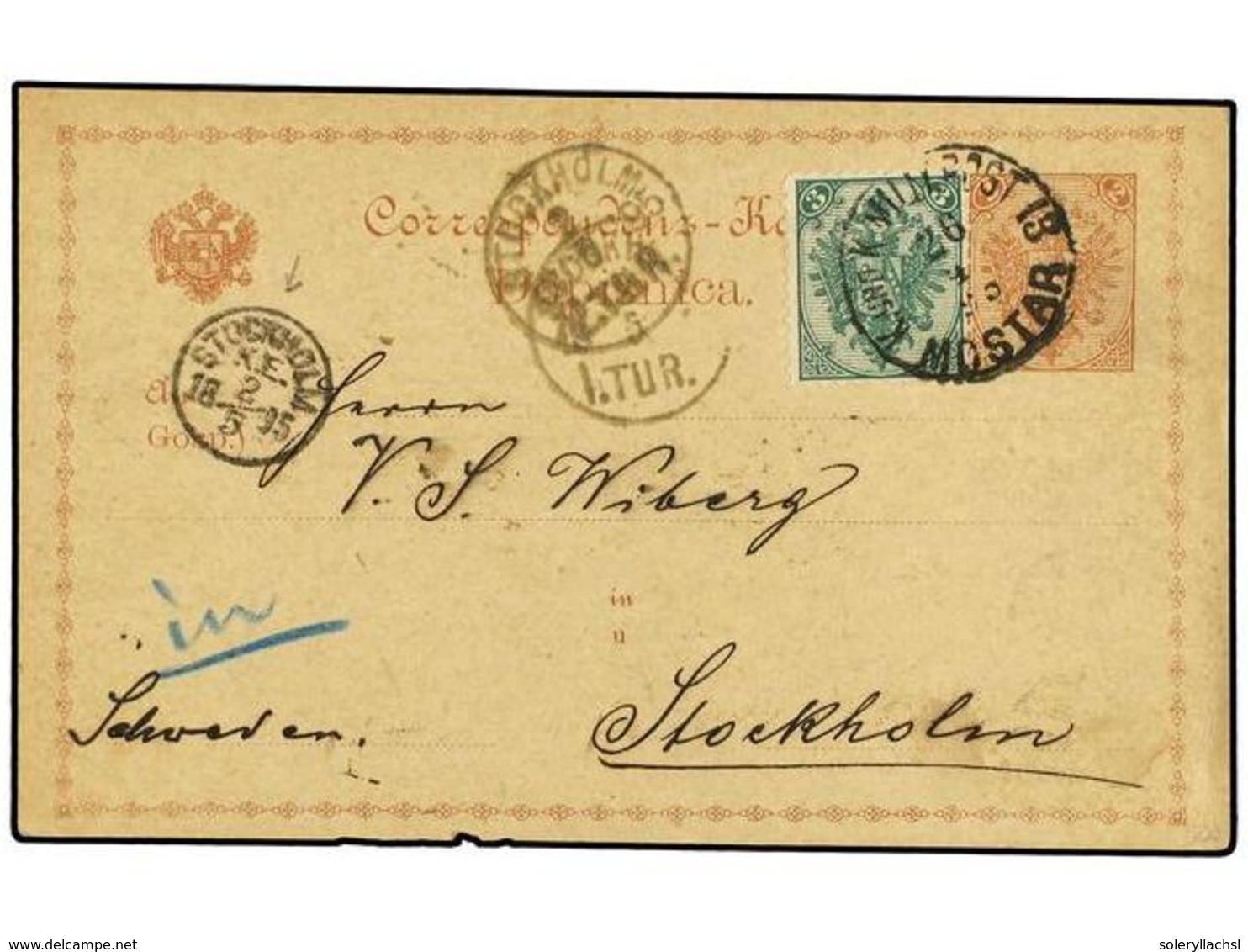 379 BOSNIA-HERZEGOVINA. 1895 (April 26). <B>2n</B>. Brown Postal Stationery Card Used To Stockholm, Sweden Up-rated With - Sonstige & Ohne Zuordnung