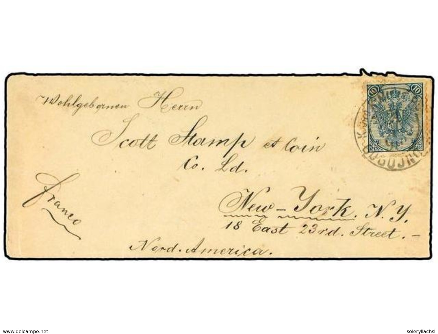 380 BOSNIA-HERZEGOVINA. 1896. Cover To Scott Stamp & Coin In NEW YORK Franked By 1891 Litho <B>10 K.</B> Greyish Blue, P - Other & Unclassified