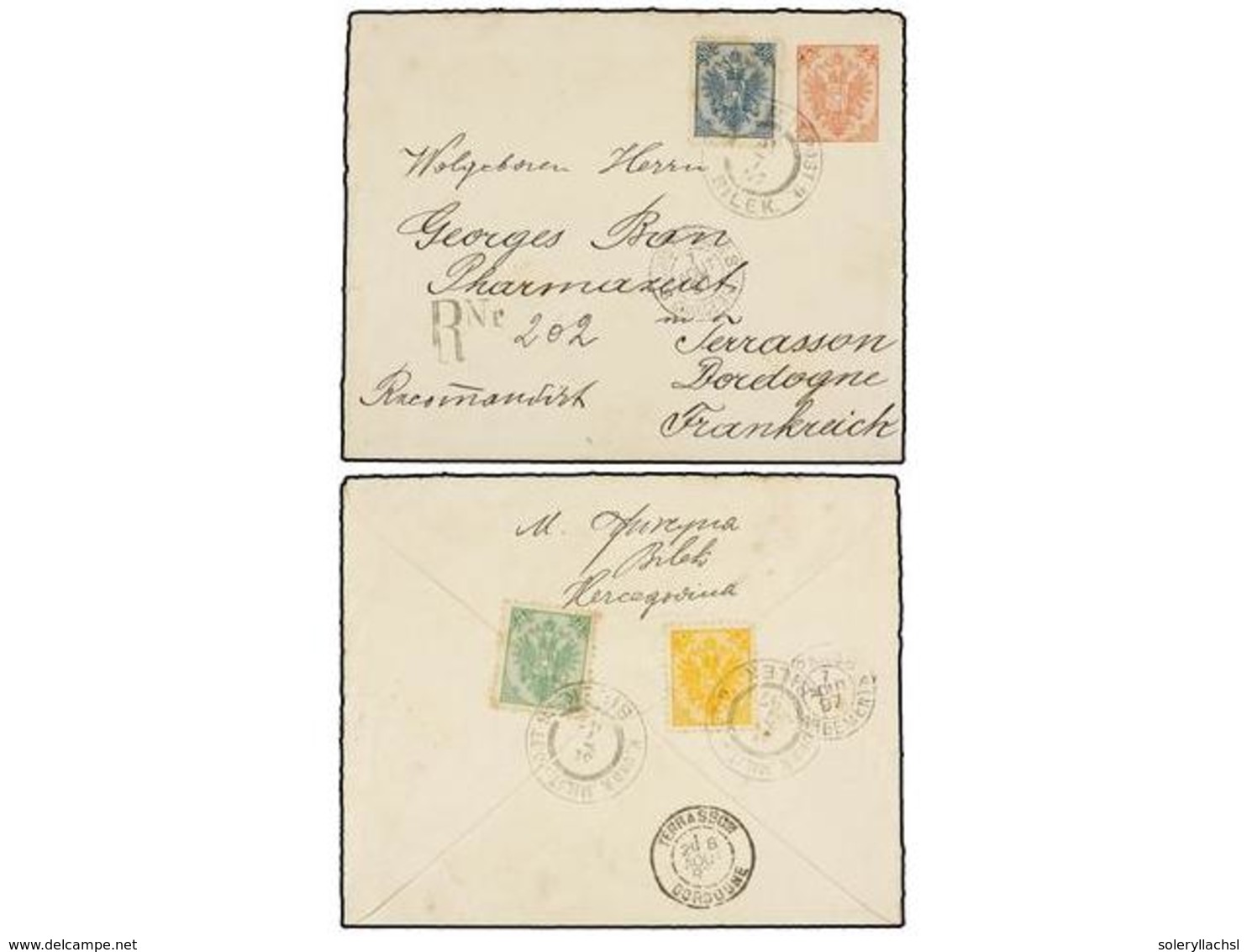 382 BOSNIA-HERZEGOVINA. 1897 (July 31). Registered Usage Of <B>5n.</B> Red Postal Stationery Envelope To France Up-rated - Other & Unclassified