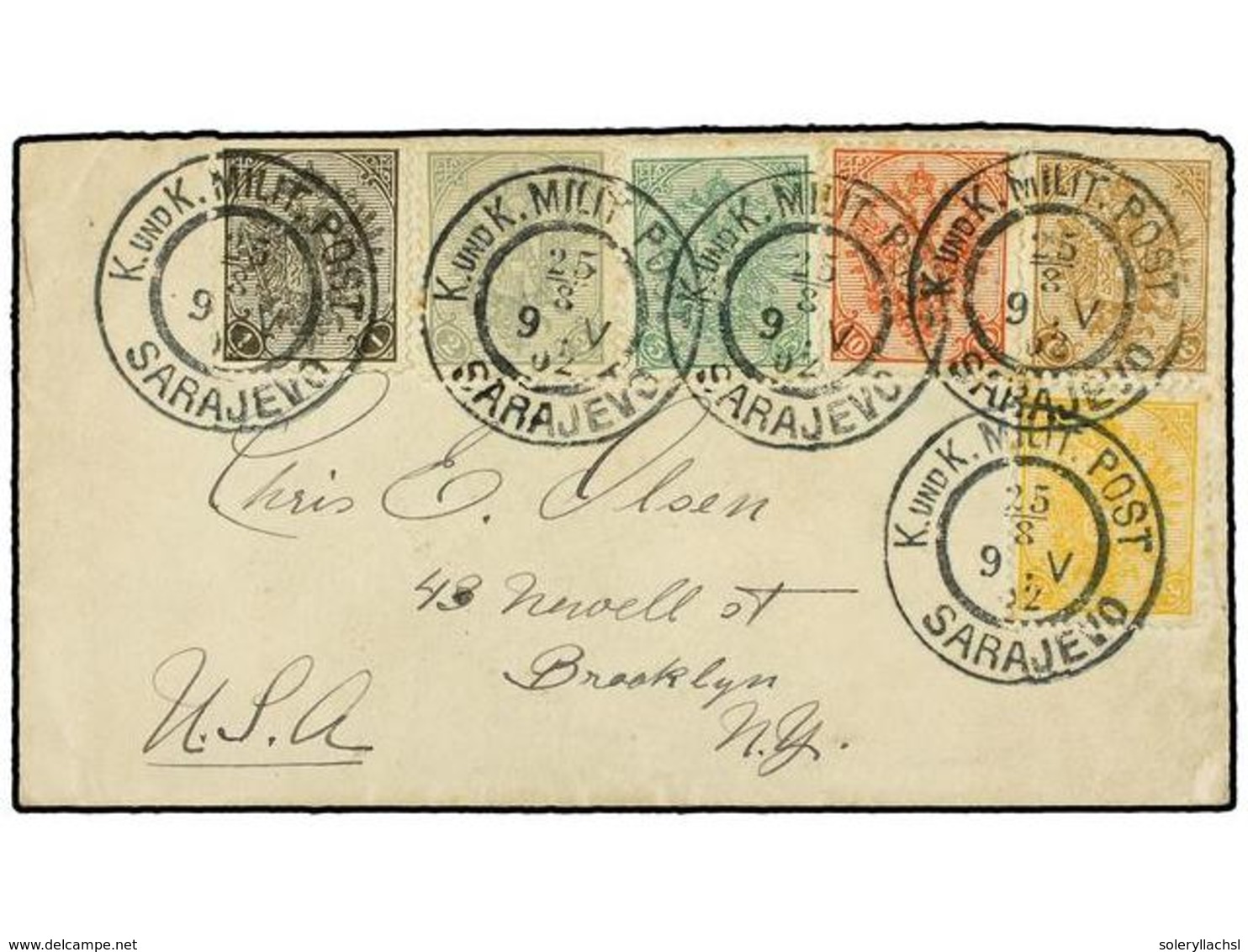 386 BOSNIA-HERZEGOVINA. Mi.10A/15A. 1902 (Aug 25). Cover To USA Franked By 1900 <B>1kr.</B> Grey-black, <B>2h</B>. Grey, - Other & Unclassified