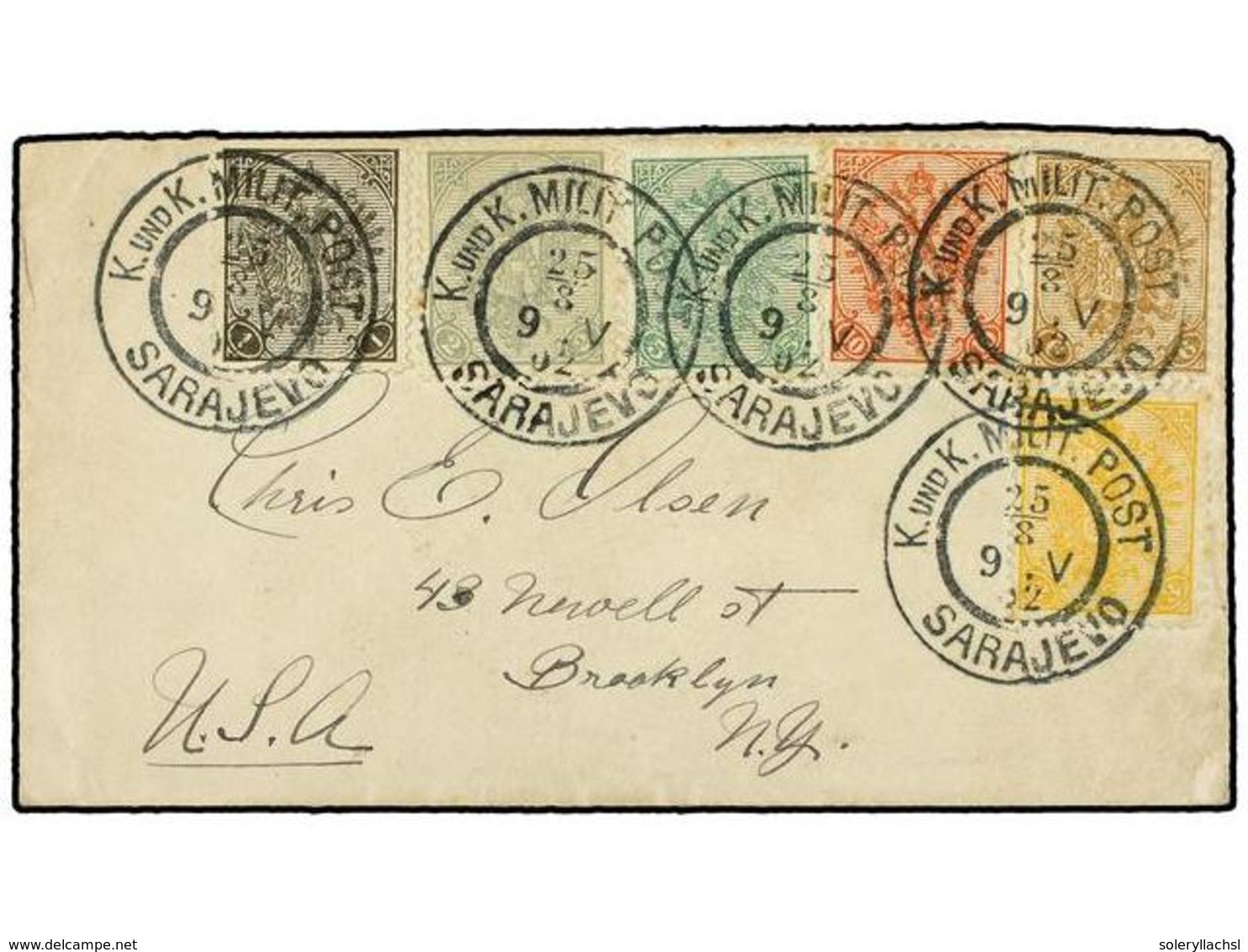 386 BOSNIA-HERZEGOVINA. Mi.10A/15A. 1902 (Aug 25). Cover To USA Franked By 1900 <B>1kr.</B> Grey-black, <B>2h</B>. Grey, - Sonstige & Ohne Zuordnung