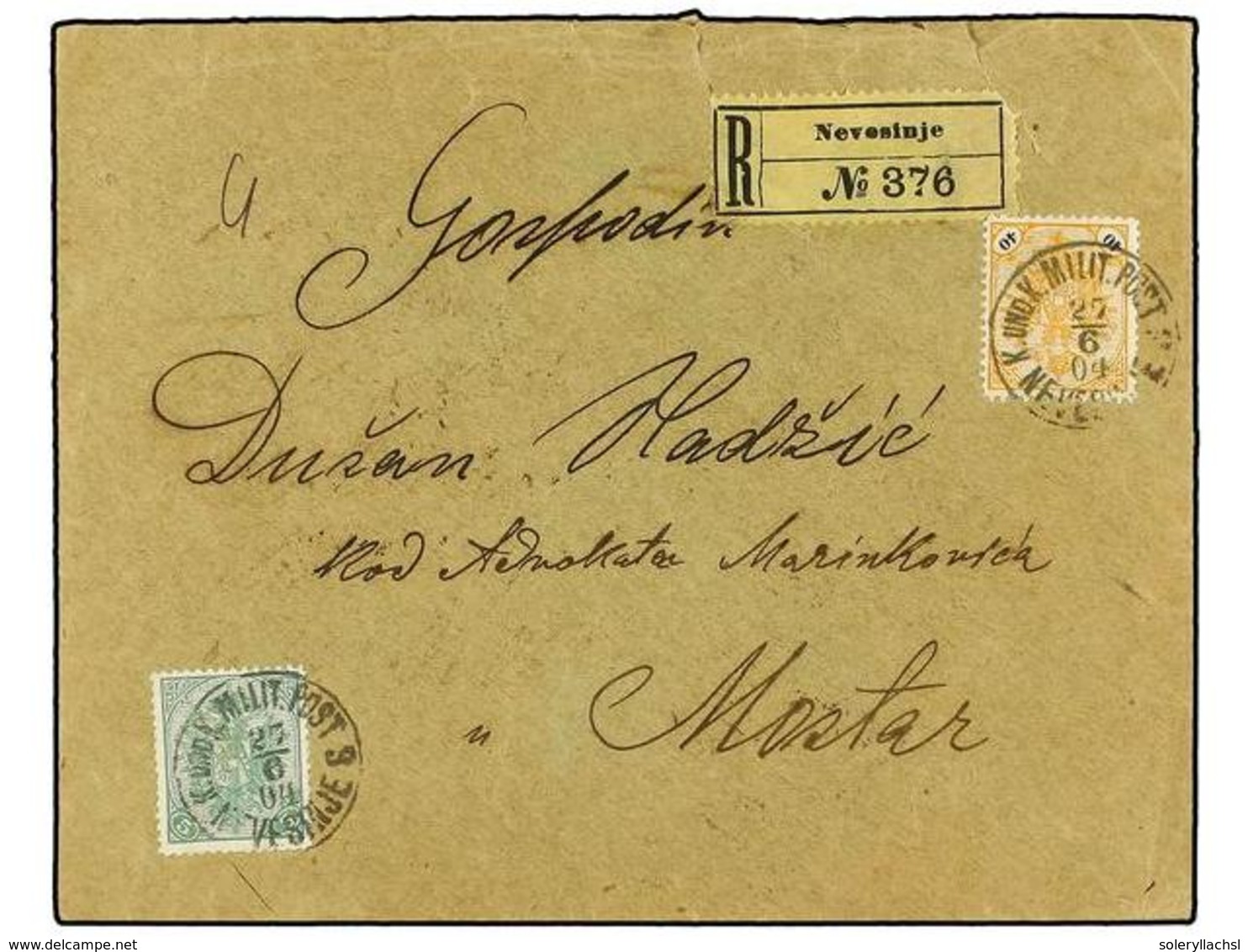 390 BOSNIA-HERZEGOVINA. Mi.27, 13A. 1904. NEVESINJE To MOSTAR. <B>5 H.</B> Green And <B>40 H.</B> Orange And Black. Regi - Other & Unclassified