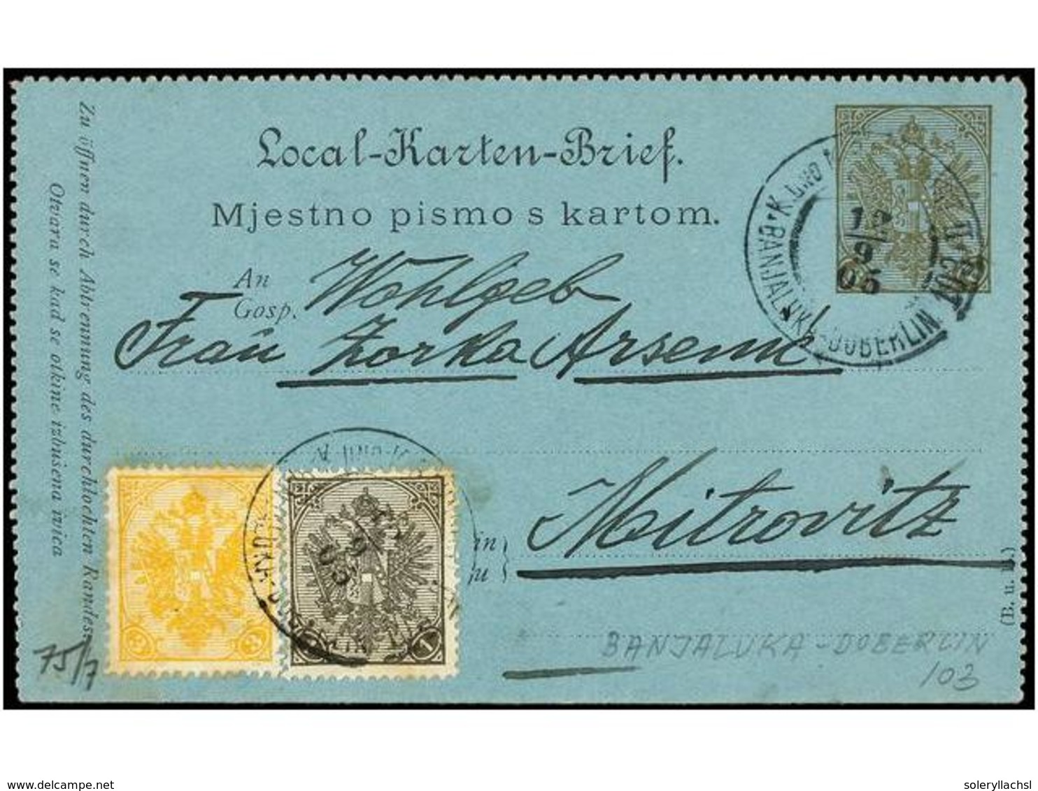 391 BOSNIA-HERZEGOVINA. Mi.10A, 12A. 1905. BANJALUKA To MITROVITZ. <B>6 H. </B>olive Card Uprated With <B>1 H.</B> Grey  - Other & Unclassified