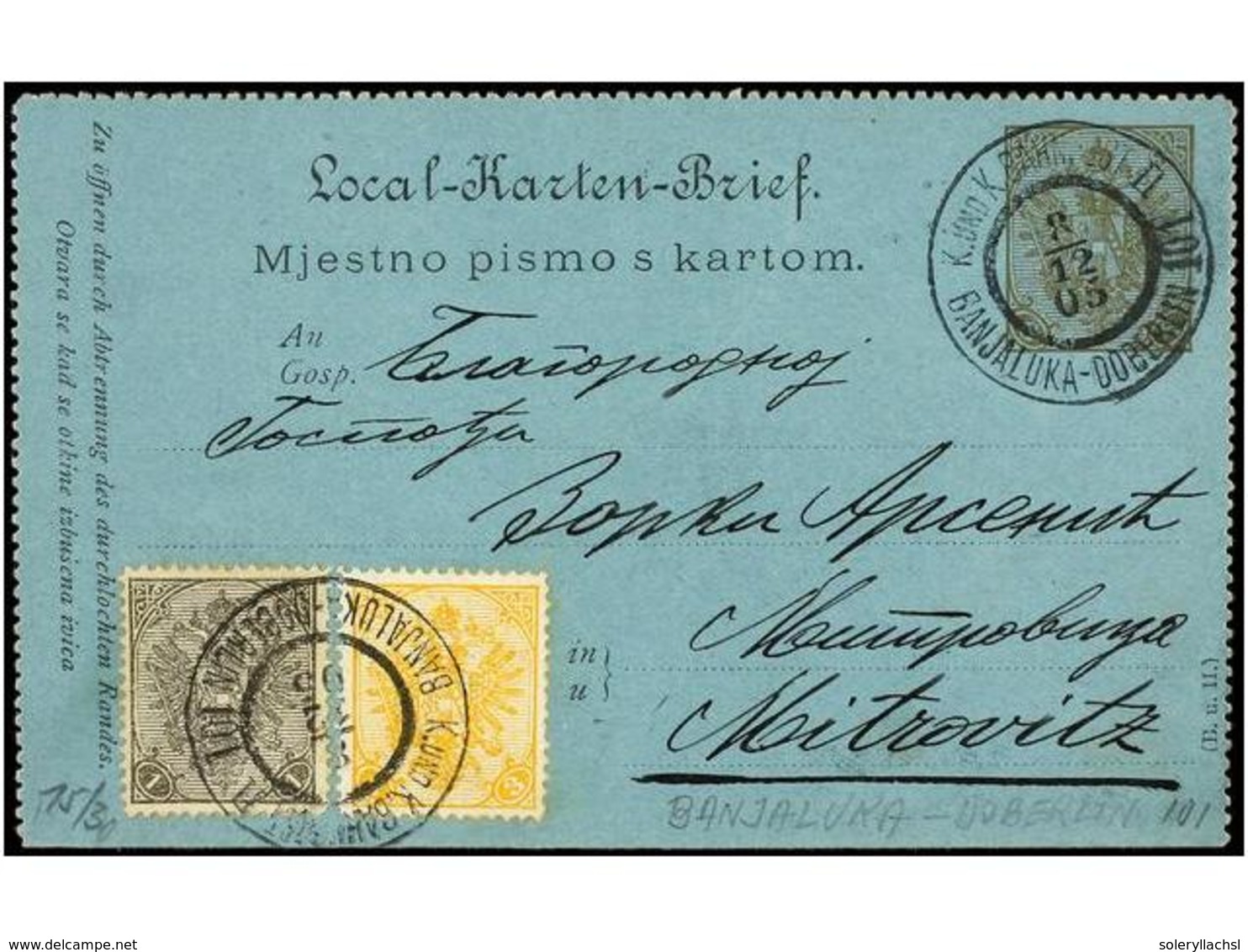 392 BOSNIA-HERZEGOVINA. Mi.10A, 12A. 1905. BANJALUKA To MITROVITZ. <B>6 H.</B> Olive Card Uprated With <B>1 H.</B> Grey  - Other & Unclassified