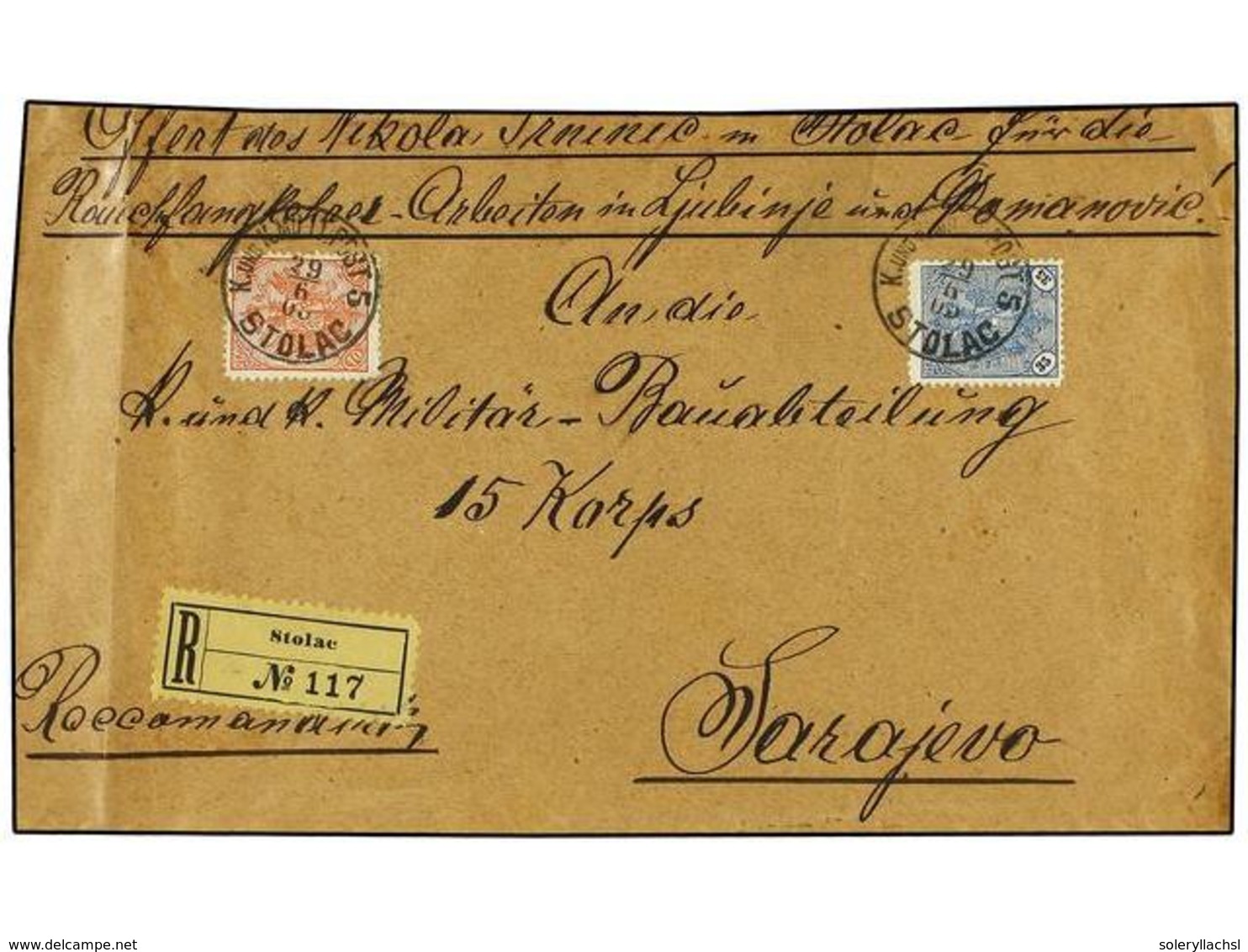 393 BOSNIA-HERZEGOVINA. Mi.15a. 1905. STOLAC To SARAJEVO. <B>10 H.</B> Real And <B>35 H.</B> Blue And Black On Registere - Other & Unclassified