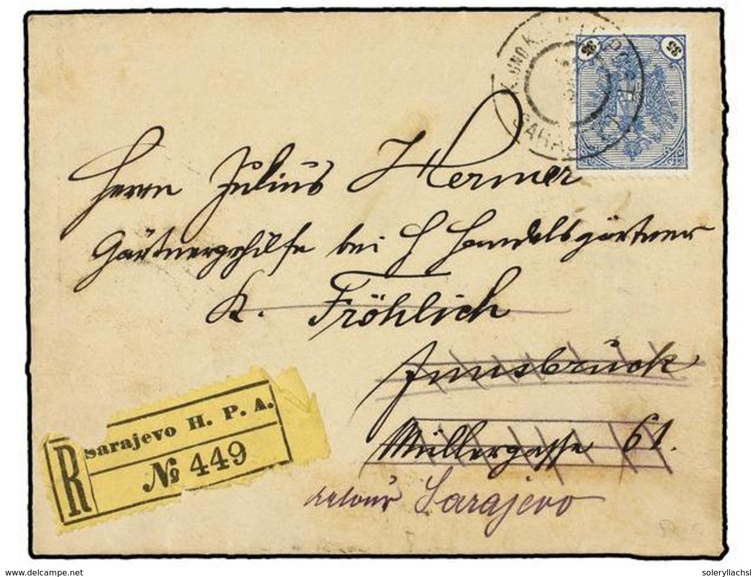 394 BOSNIA-HERZEGOVINA. Mi.26a. 1905. SARAJEVO To INSBRUKK. <B>35 H.</B> Blue And Black Registered Cover, Arrival On Bac - Other & Unclassified