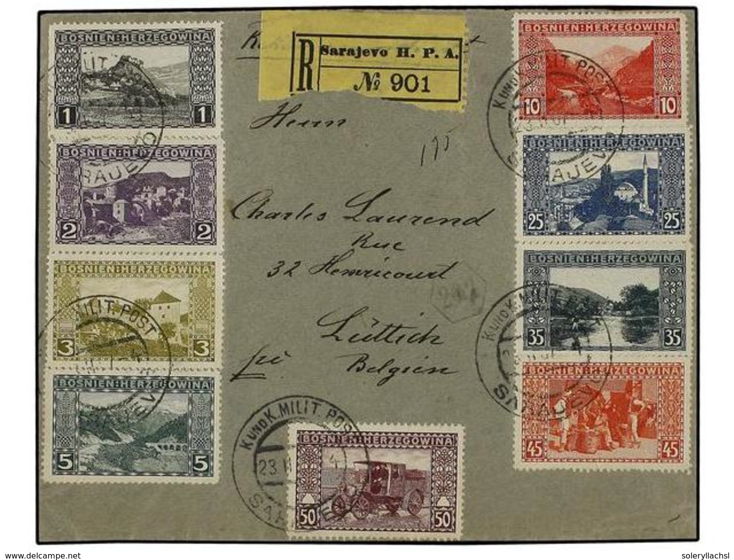 395 BOSNIA-HERZEGOVINA. Mi.29A/34A, 36A, 38A, 40A, 41A. 1907. SARAJEVO To BELGIUM. Very Nice Franking, Arrival On Back. - Sonstige & Ohne Zuordnung