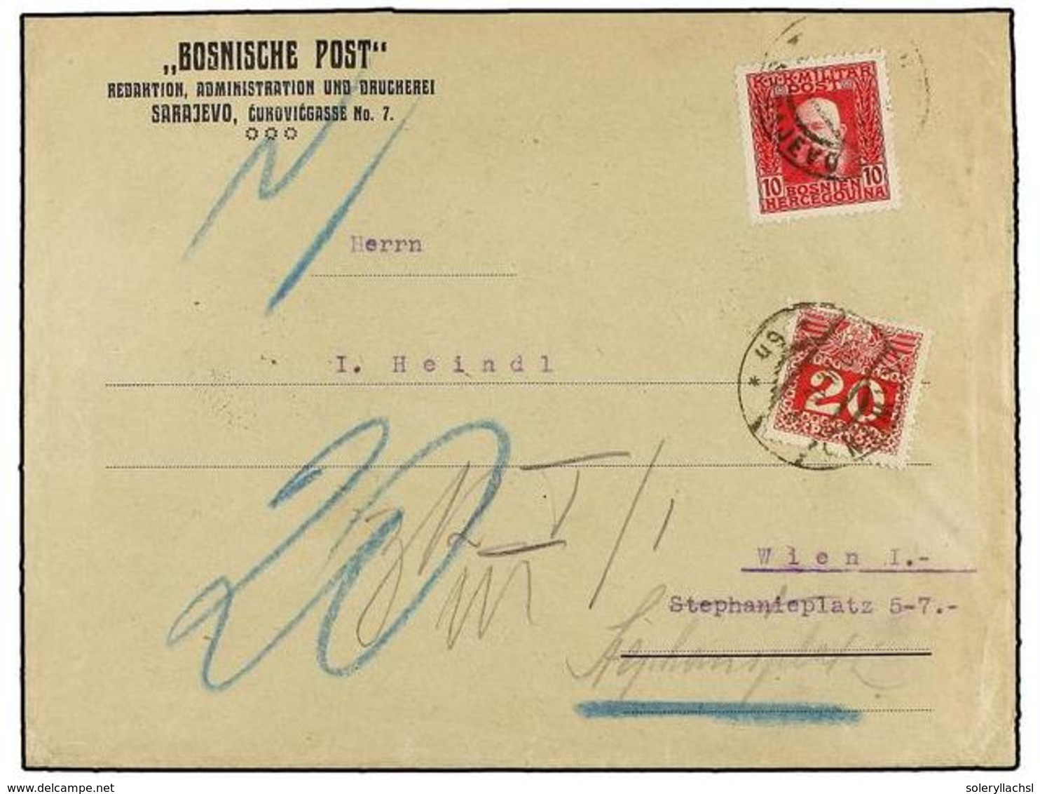 401 BOSNIA-HERZEGOVINA. 1915. SARAJEVO To WIEN. <B>10 H. </B>red, Taxed On Arrival With Austrian <B>20 Heller</B> Red St - Sonstige & Ohne Zuordnung