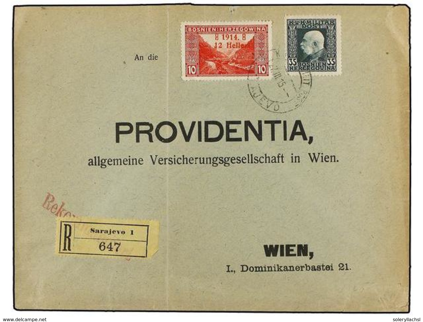 402 BOSNIA-HERZEGOVINA. Mi.90I, 74. 1915. SARAJEVO To WIEN. <B>12 H.</B> <B>on 10h. </B>red And <B>35 H.</B> Green. Regi - Sonstige & Ohne Zuordnung