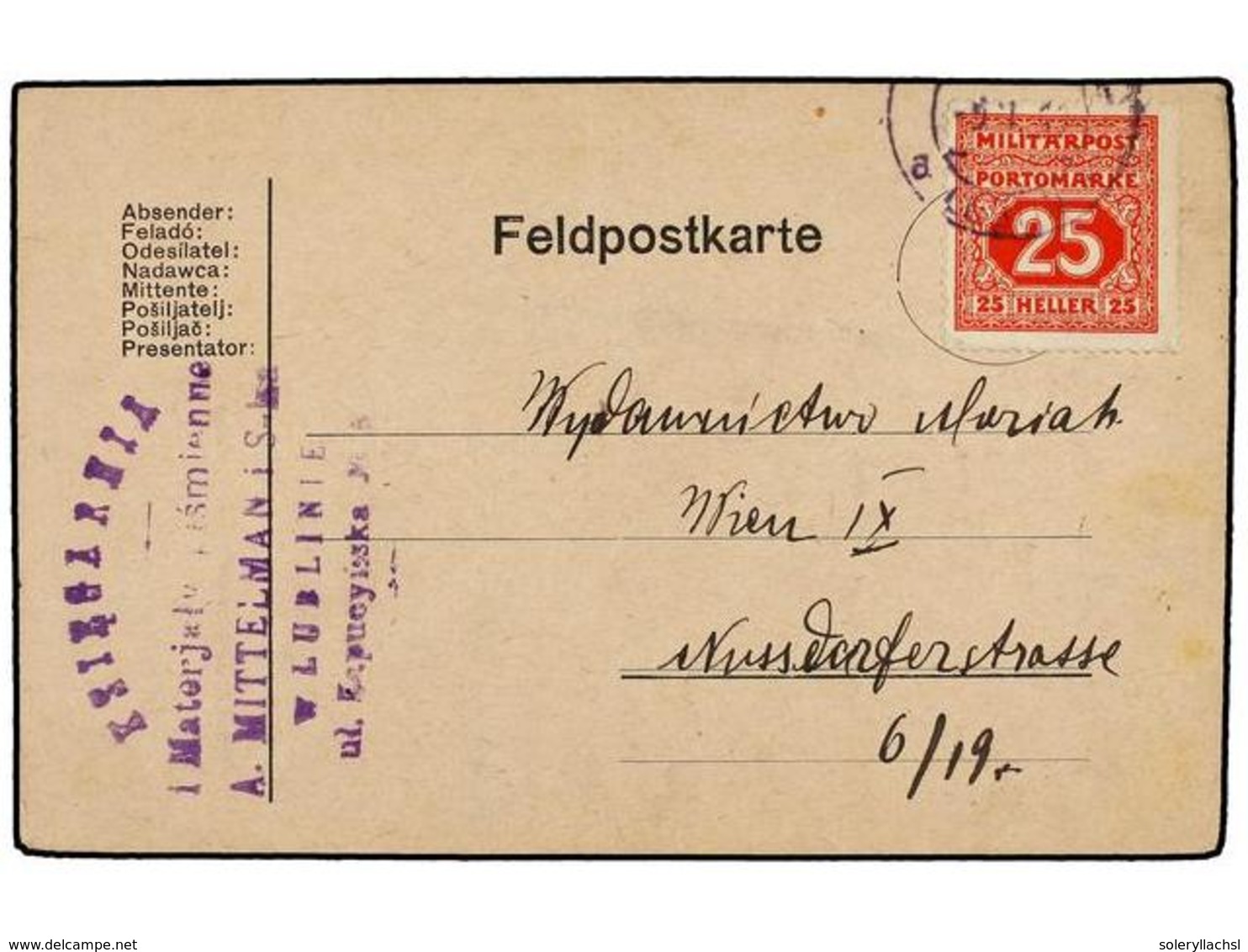 410 BOSNIA-HERZEGOVINA. 1918. LUBLINIE To WIEN. Militar Card Send With Postage Due Stamp Of <B>25 Heller </B>red (Mi. 21 - Sonstige & Ohne Zuordnung