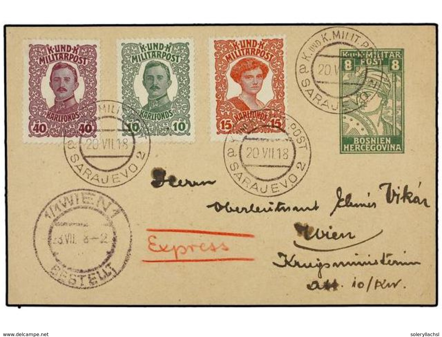 411 BOSNIA-HERZEGOVINA. Mi.144/46. 1918. SARAJEVO To WIEN. <B>8 H.</B> Green Military Card Uprated With <B>10, 15</B> An - Other & Unclassified