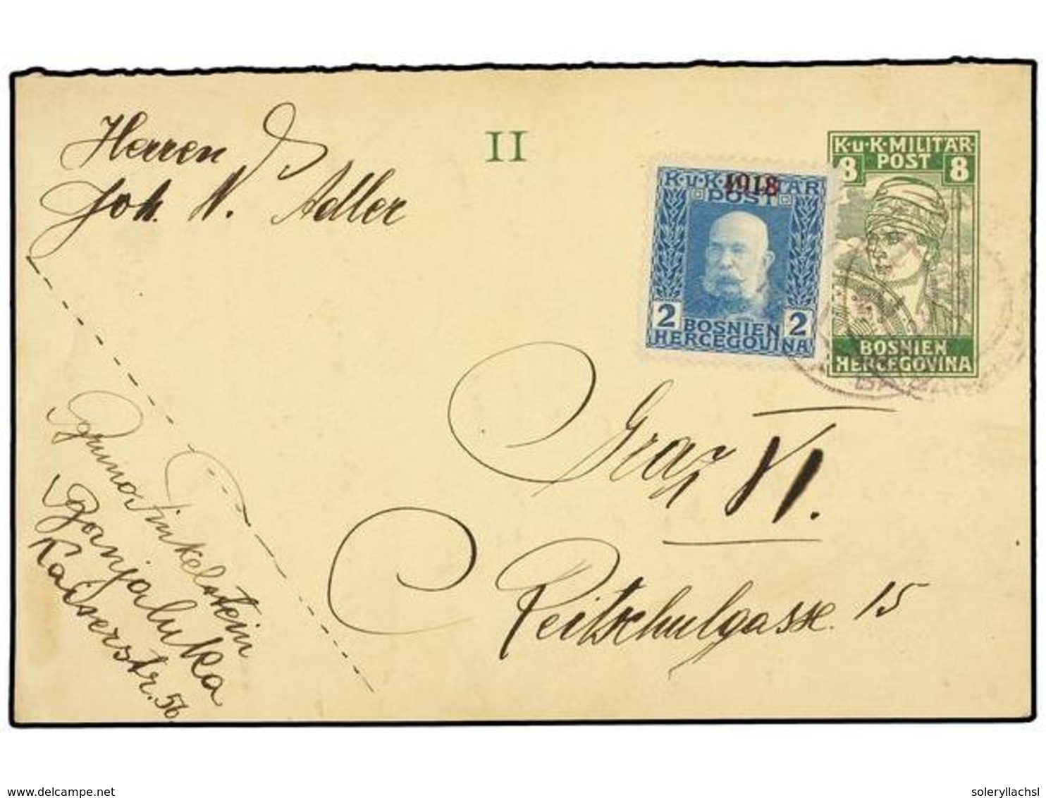 412 BOSNIA-HERZEGOVINA. Mi.148. 1919. BANJALUKA To GLAZ. <B>MILITARY CARD</B> Of <B>8 Heller</B> Green Uprated With <B>2 - Other & Unclassified