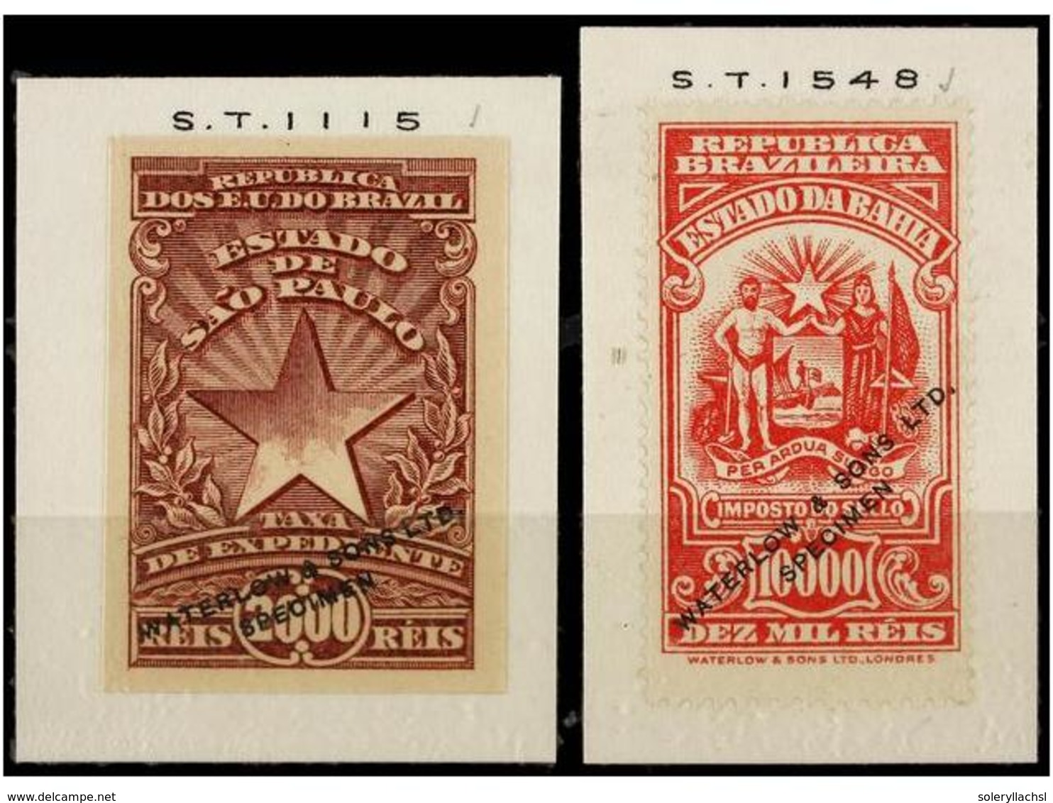 415 (*) BRASIL. (1930 CA.). <B>REVENUE STAMPS. PROOF OF COLOUR. 2000 Reis</B> And <B>10.000 Reis</B> Ovpr. <B>WATERLOW A - Other & Unclassified