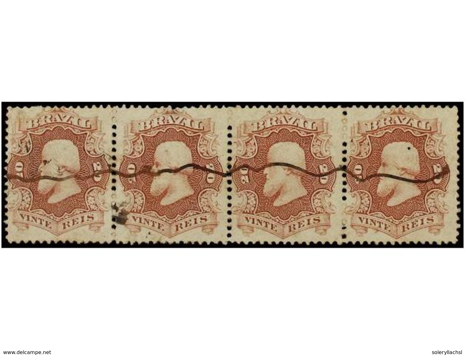 427 ° BRASIL. Sc.54 (4). 1866. <B>20 Reis</B> Rojo Lila. Tira De Cuatro, Usada A Tinta. MAGNÍFICA. - Sonstige & Ohne Zuordnung