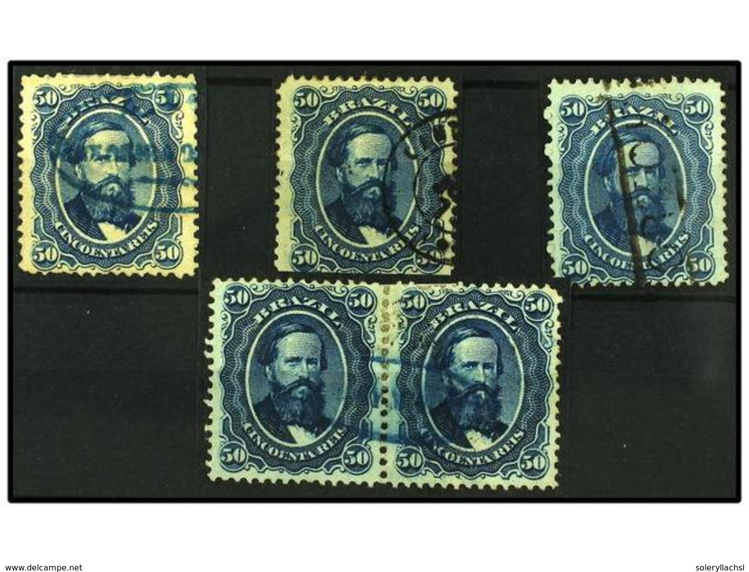 430 ° BRASIL. Sc.56 (5). 1866. <B>50 Reis</B> Azul. 5 Sellos Incluyendo Una Pareja Matasellos Fechadores Lineales Y Oval - Sonstige & Ohne Zuordnung