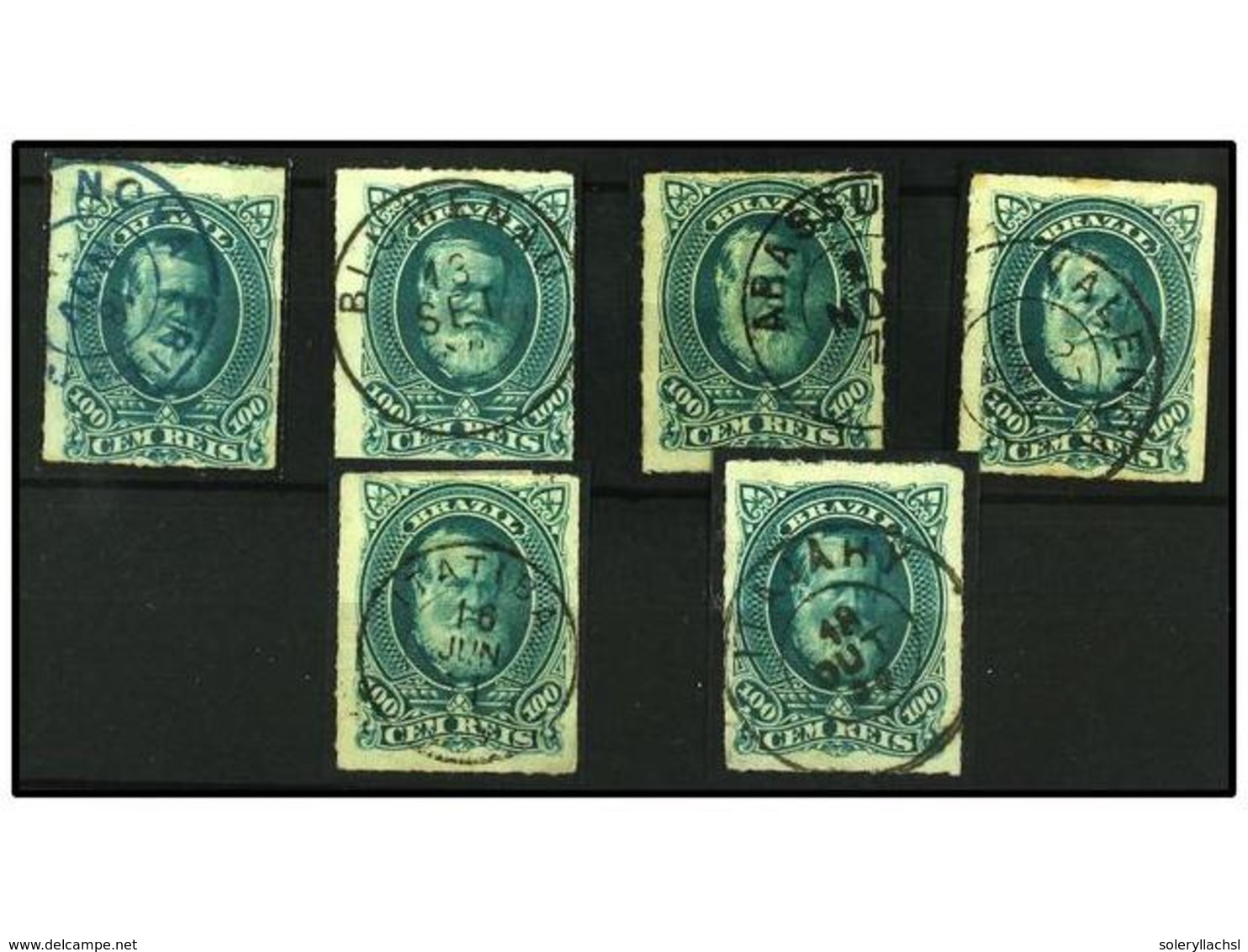 476 ° BRASIL. Sc.72 (6). 1878-79. <B>100 Reis</B> Verde. 6 Sellos Con Matasellos Fechadores. MUY BONITOS. - Other & Unclassified