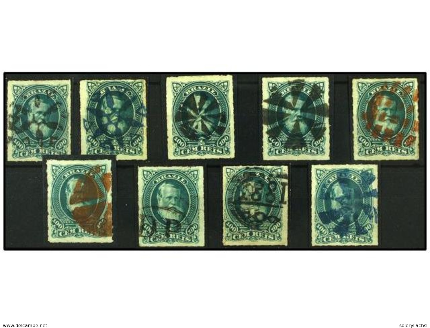 478 ° BRASIL. Sc.72 (9). 1878-79. <B>100 Reis</B> Verde. 9 Sellos Con Matasellos Mudos. MUY BONITOS. - Other & Unclassified