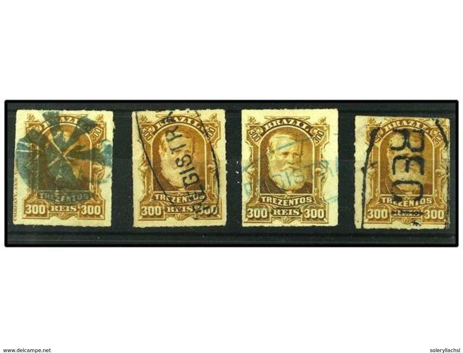 480 ° BRASIL. Sc.75 (4). 1878-79. <B>300 Reis</B> Bistre. 4 Sellos, Tres Con Mat. <B>REGISTRADA</B> Y El Otro Con Leyend - Other & Unclassified