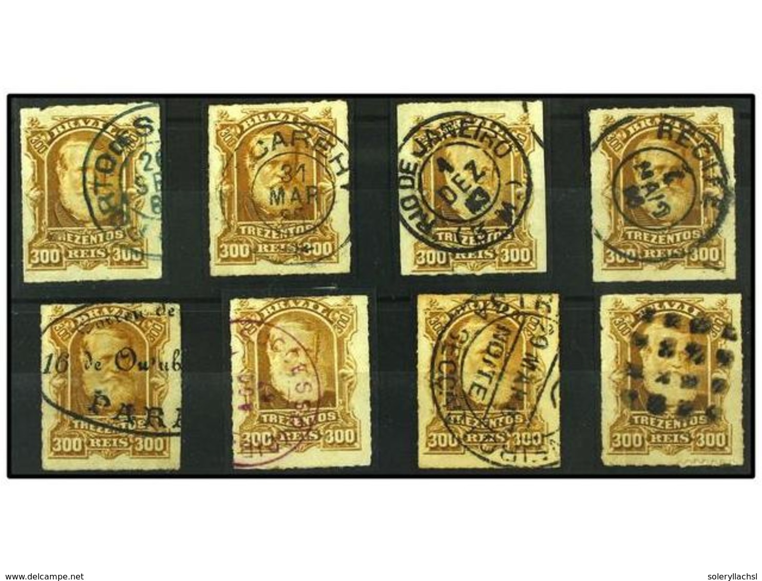 481 ° BRASIL. Sc.75 (8). 1878-79. <B>300 Reis</B> Bistre. 8 Sellos Con Preciosos Matasellos Fechadores Y Mudos. - Sonstige & Ohne Zuordnung