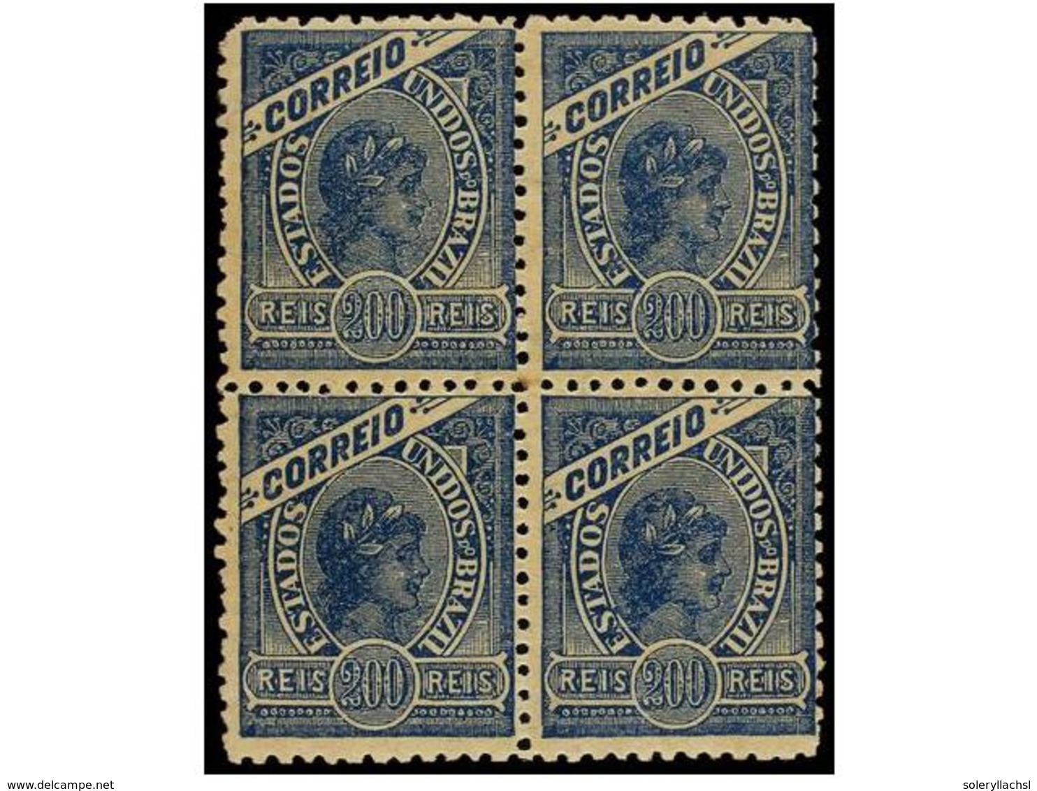 488 ** BRASIL. Sc.170b (4). 1905. <B>200 Reis</B> Azul, Filigrana<B> 'REPUBLICA'.</B> Bloque De Cuatro, Sellos Inferiore - Other & Unclassified