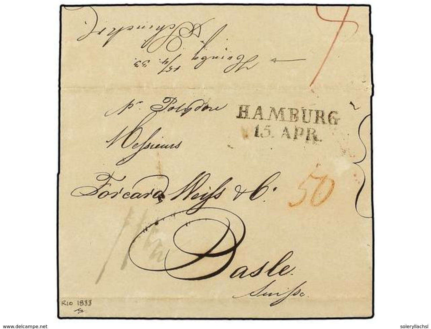 497 BRASIL. 1833 (Jan 16). Cover From RIO DE JANEIRO Endorsed 'per Polygon' Sent Unpaid To BASEL (Switzerland) Via Hambu - Other & Unclassified