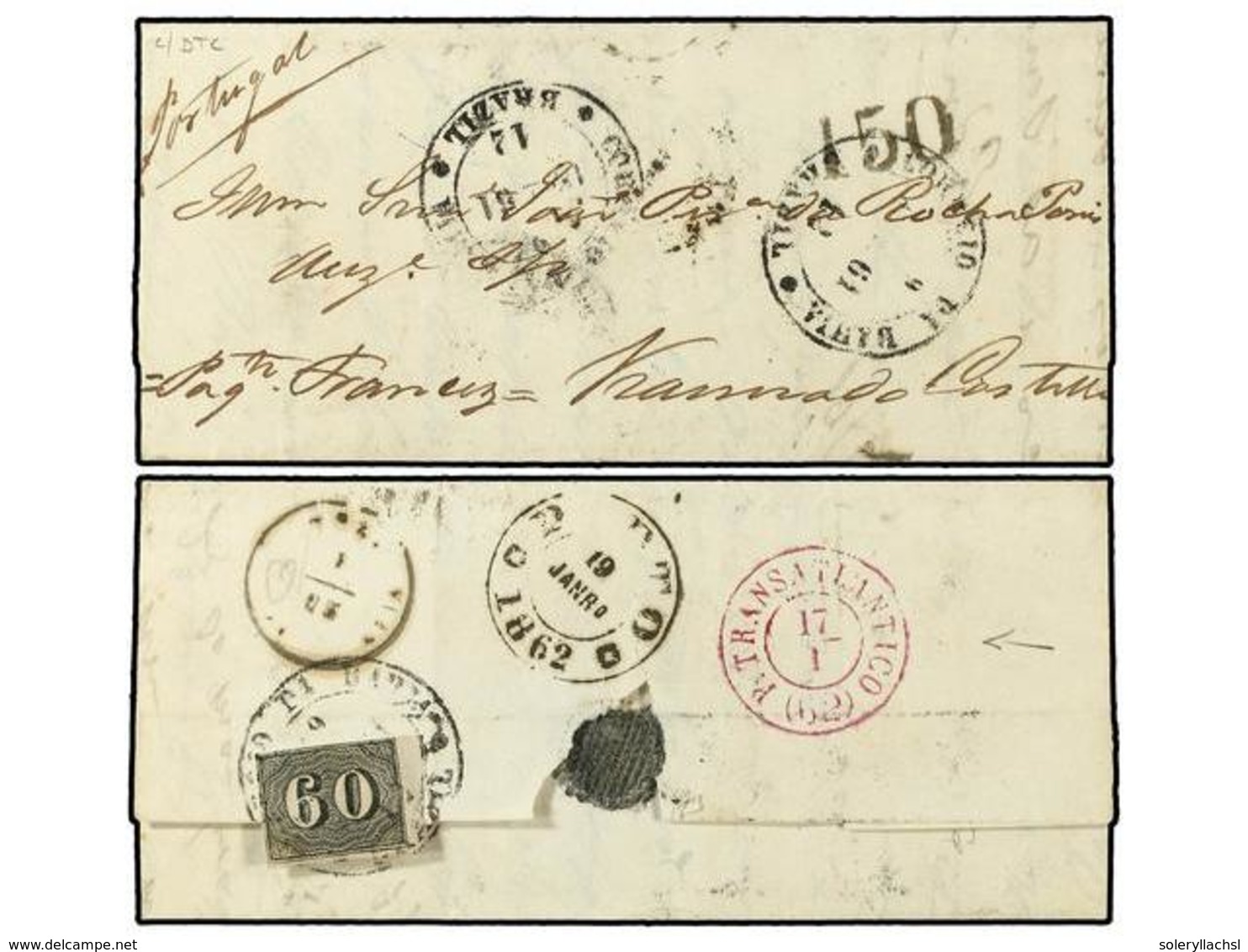 505 BRASIL. 1861 (Dec). Entire Letter To Portugal Franked For Internal Rate Only By 1850 <B>60r.</B> Black, With Red <B> - Other & Unclassified