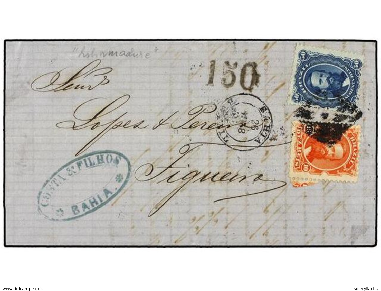 511 BRASIL. Sc.53, 56a. 1868. BAHIA A FIGUEIRA. <B>10 Reis</B> Naranja Y <B>50 Reis</B> Azul (sobre Papel Azulado). Tasa - Other & Unclassified