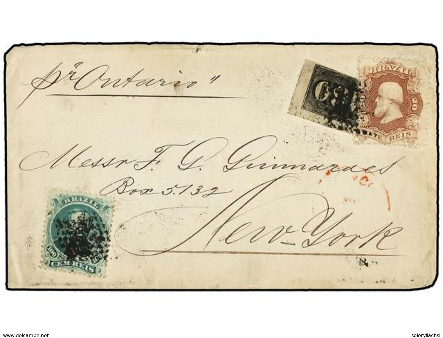 518 BRASIL. Sc.26, 54, 58. (1875 CA.). Sobre Dirigido A NEW YORK. <B>20 Reis</B> Malva,<B> 100 Reis</B> Verde Y <B>180 R - Other & Unclassified