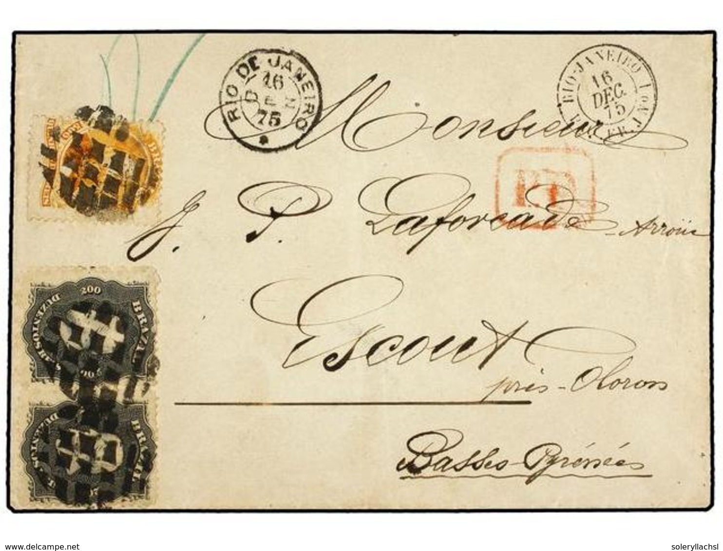 520 BRASIL. 1875. Cover Franked With Pair <B>200 R.</B> Black And Single <B>500 R.</B> Orange Dom Pedro Issue, All Tied  - Other & Unclassified