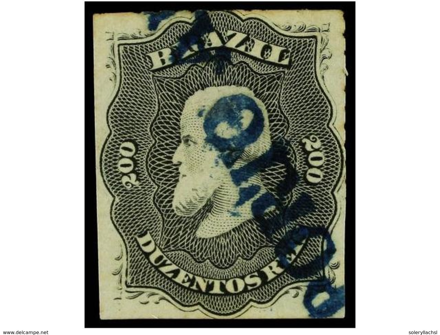 521 ° BRASIL. Sc.66. 1876-77. <B>200 Reis</B> Negro. Mat. Lineal <B>PORTO ALE</B> En Azul (Meyer P/RS/5). - Other & Unclassified