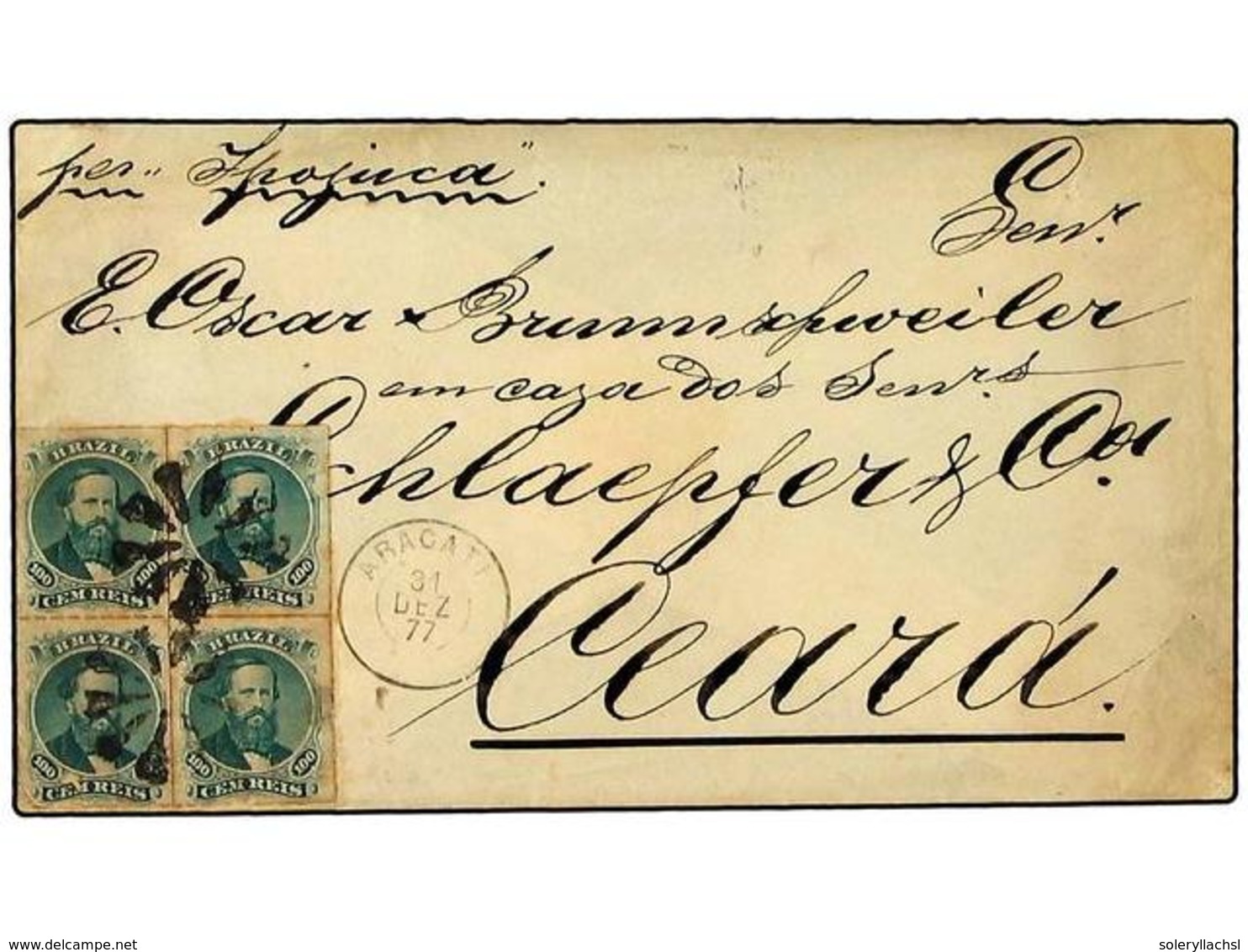 524 BRASIL. 1877(Dec 31). Cover By Ship To Ceará From Aracaty Franked By Rouletted Dom Pedro1866 <B>100r</B> Green In A  - Other & Unclassified